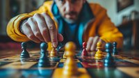 Middle-aged mixed race man in yellow hoodie playing chess, making strategic move with pawn piece on wooden board in dramatic lighting and shallow depth.