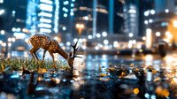 Young spotted deer drinking from puddle at night with urban bokeh lights creating magical atmosphere on wet city street. Wildlife meets urban landscape.