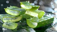 Fresh aloe vera plant slices with natural gel and water drops on dark background, perfect for cosmetic, skincare and wellness product advertising and packaging design.