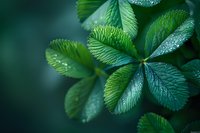 Fresh green strawberry leaves with water drops and detailed leaf texture in soft focus against dark background, macro nature photography.