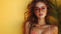 Young Asian woman with wavy hair wearing pink glasses and floral top against yellow background with palm leaf, soft beauty portrait in warm tones for fashion and lifestyle content.