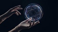 Human hands reaching toward glowing digital globe with network connections on dark background representing global technology and connectivity.