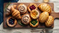 Assorted fresh baked pastries and bread rolls on wooden cutting board with herbs, perfect for bakery display and food photography concepts.
