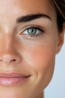 Close-up portrait showing half face with bright green eye, natural makeup, groomed eyebrow, and subtle smile against white background, highlighting fresh skin texture.