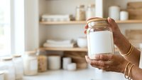 Close-up of hands holding empty glass jar with white label in bright kitchen with wooden shelves, storage containers, and natural light for home organization and sustainable living concepts.