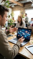 Man and woman discussing digital network technology on laptop in modern office workspace with colleagues collaborating in background among plants.