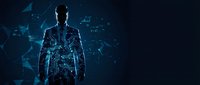 Digital silhouette of businessman with glowing blue circuit patterns and network connections representing artificial intelligence and technology innovation.