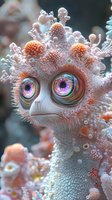 Surreal fantasy creature with hypnotic rainbow eyes and coral-like textured skin in soft pink and orange tones against blurred background, macro view closeup.