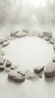 Zen spa stones arranged in circle on white sand with soft bokeh background creating peaceful meditation and wellness atmosphere for relaxation concepts.