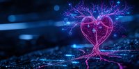 Glowing heart-shaped tree with luminous branches against dark background, radiating pink and blue light in magical forest setting, digital art concept.