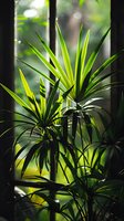 Backlit palm leaves create dramatic silhouettes against window light, showcasing vibrant green fronds and natural shadows in moody indoor garden setting.