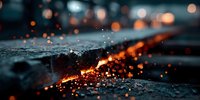 Glowing embers and sparks scattered across dark asphalt surface with warm bokeh lights creating dramatic nighttime atmosphere for creative projects.