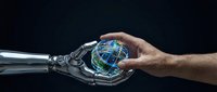 Human hand holding glowing digital globe above robotic arm against dark background, representing technology, artificial intelligence, and global digital connection.