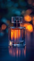 Elegant glass perfume bottle with amber and blue reflections against blurred bokeh background, dramatic lighting creates luxurious mood for cosmetic advertising.