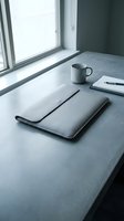 Minimalist workspace with closed laptop, coffee mug and notebook on desk by window. Clean modern office setup for productivity and remote work concepts.