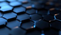 Dark metallic hexagonal pattern with blue light reflections creating futuristic technological surface texture, abstract geometric background for modern design concepts.