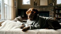 Stylish dog wearing orange sunglasses and gray sweater relaxing on couch in cozy living room with fireplace and natural light from windows.