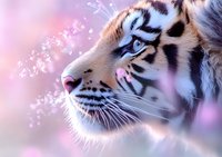 Majestic white tiger profile with glowing blue eyes against pink bokeh background with floating musical notes creating magical atmosphere.
