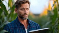 Bearded Caucasian male farmer in plaid shirt using digital tablet while standing in corn field during harvest season, agricultural technology concept.