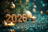 Golden 2026 numbers with Christmas decorations, pine branches, ornaments and candles on teal glitter background with bokeh lights.