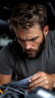 Focused mechanic with beard and styled hair examining car engine components in workshop. Dark moody lighting creates professional atmosphere.