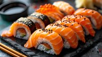 Fresh salmon sushi rolls garnished with black sesame seeds on dark slate plate, served with soy sauce and chopsticks, showcasing vibrant orange fish and white rice.