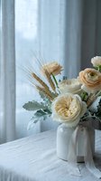 Elegant cream roses and ranunculus bouquet with wheat stalks in ceramic vase by window. Soft natural light creates romantic wedding decor atmosphere.