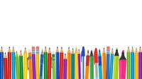 Colorful pencils and markers arranged in a row on white background, isolated design element suitable for education, art supplies, creativity, and back-to-school projects.