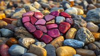 Heart shape made from red and pink pebbles arranged on colorful beach stones background. Natural love symbol for romantic designs and wellness concepts.