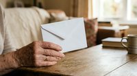 Mature man with light skin tone holding blank envelope at wooden desk in home office setting, suitable for business correspondence and communication concepts.