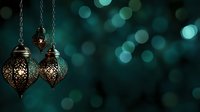 Glowing oriental lanterns with intricate patterns hanging against dark turquoise background with soft bokeh lights creating magical atmosphere.
