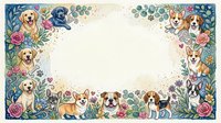 Adorable puppies and dogs border frame with floral elements on light background. Copy space for text, invitations, greeting cards, pet services.