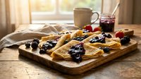 Homemade crepes with mixed berry jam on wooden board, morning breakfast scene with coffee cup and natural sunlight streaming through window.