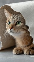 Curious tabby cat with green eyes peeking through torn paper hole, creating playful hide-and-seek moment for pet photography or animal behavior concepts.