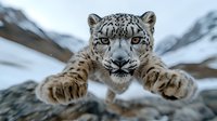 Snow leopard close up portrait showing powerful paws and intense stare against snowy mountain background, wildlife photography style composition.