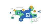 Digital banking and financial technology concept with money symbols, credit cards, and secure payment icons on white background for fintech designs.