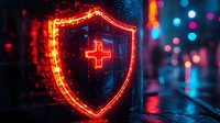 Glowing red neon shield with medical cross symbol against dark urban background with blue bokeh lights, representing healthcare protection and security.