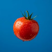 Fresh red ripe tomato with water droplets on vibrant blue background for healthy eating and cooking concepts.