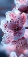 Delicate pink cherry blossom with intricate lace-like petals and stamens in macro photography against soft blue background, artistic nature photography for spring themes.