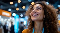 Young woman with curly hair laughing joyfully at night, illuminated by colorful bokeh lights in urban setting. Natural genuine happiness and positive emotions.