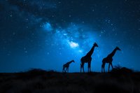 Silhouettes of giraffe family walking across African savanna under dramatic blue night sky with bright Milky Way galaxy.