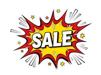 Comic book style sale burst with red and yellow explosion effect on white background for promotional marketing campaigns and retail advertising.