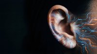 Human ear with digital circuit board patterns and glowing blue lines representing artificial intelligence, hearing technology, and futuristic medical innovation.