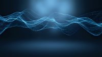 Abstract blue digital wave pattern with glowing particles and flowing lines on dark background for technology and data visualization concepts.