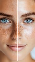 Split face comparison showing natural freckled skin with bright blue eyes and neutral makeup, highlighting skin texture and facial features in beauty concept.