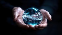 Glowing blue crystal ball with cosmic galaxy effect held in cupped hands against dark background, mystical fortune telling and spiritual concept.