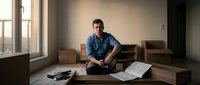 Young Caucasian man sitting cross-legged on wooden floor in empty apartment with moving boxes, planning relocation with documents and laptop nearby.
