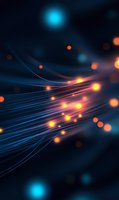 Glowing orange light particles flow along curved blue fiber optic lines against dark background, creating dynamic technology visualization for communication concepts.