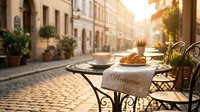 Outdoor cafe table with cappuccino and croissant on a cobblestone European street at golden hour, welcome napkin, warm sunlight ambiance.