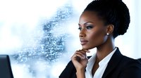Young African American businesswoman in black suit with thoughtful expression against digital technology background, representing leadership and innovation.